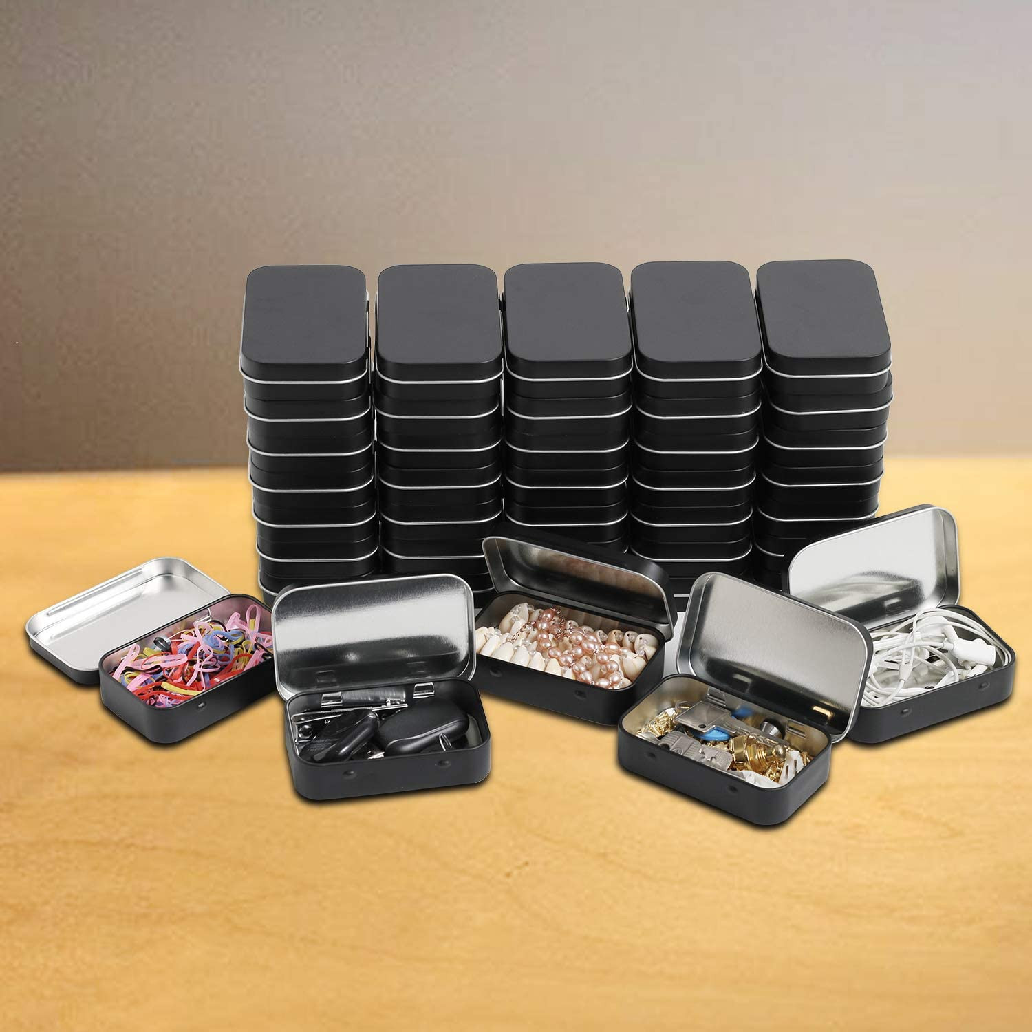 Metal Rectangular Hinged Tins, Pack of 40, Matte Black | Mini Portable