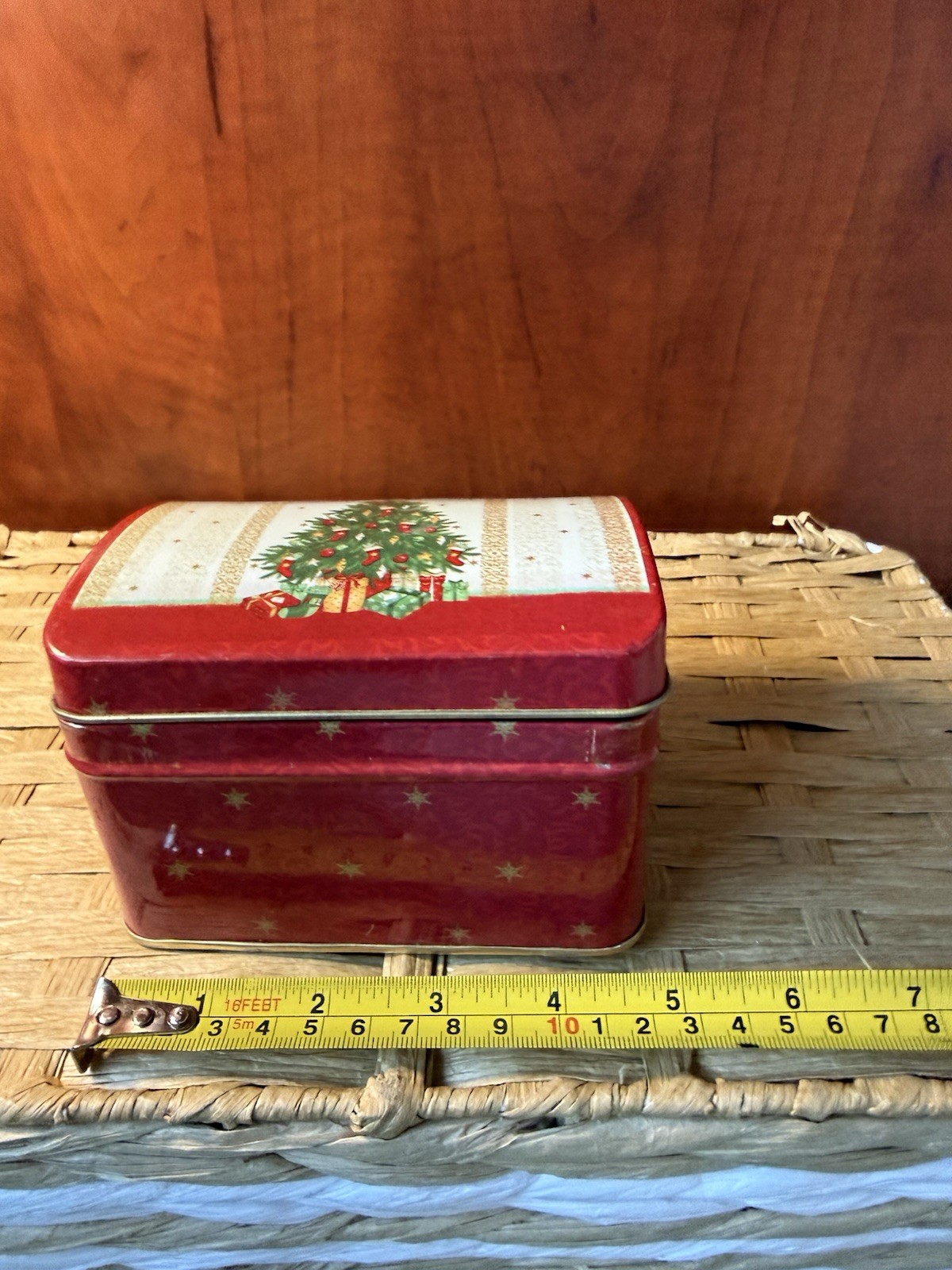 Vintage Holiday Christmas Tree Tin Box Trinket Storage Container