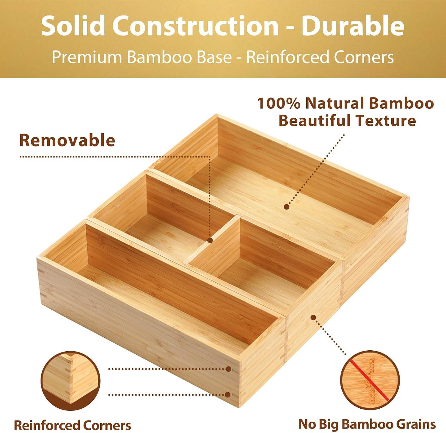 Drawer Organizer Storage Boxes, 2.5&Prime; High Bamboo Drawer Dividers, 3 Rearrangeabl
