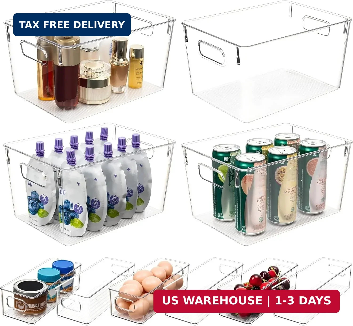 Tiawudi Set of 10 Clear Plastic Storage Bins, 4 Large and 6 Small Stackable Stor