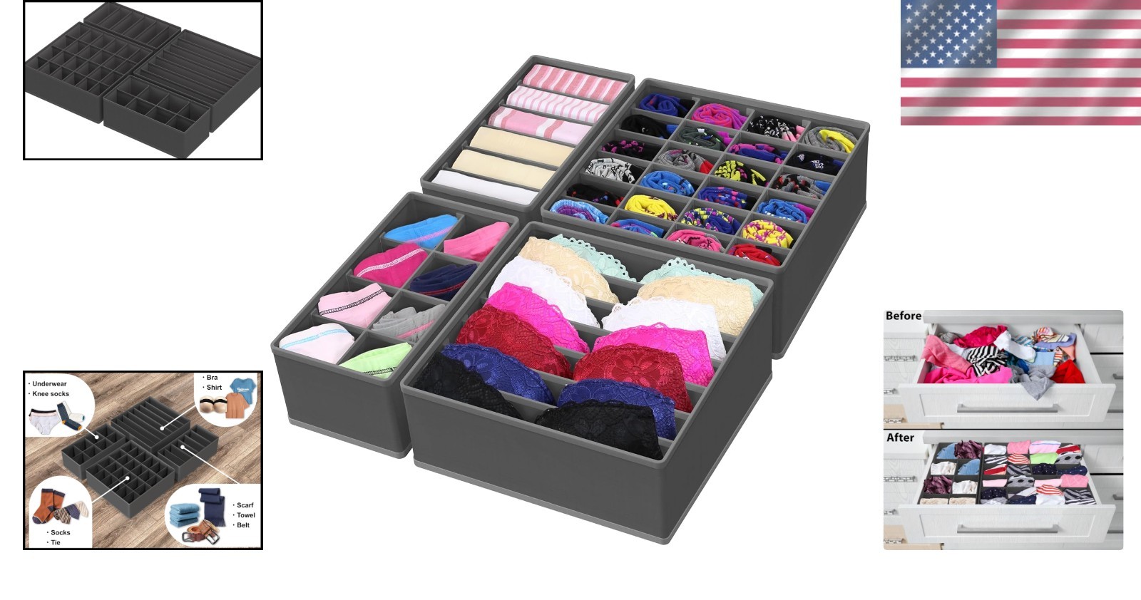 Foldable Non Woven Fabric Drawer Organizers for Ties Socks Underwear Dark Gray