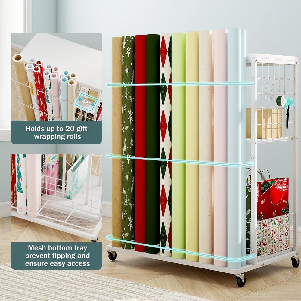 Gift Wrap Organizer LUCKUP Rolling Cart 20 Rolls 3 Drawers