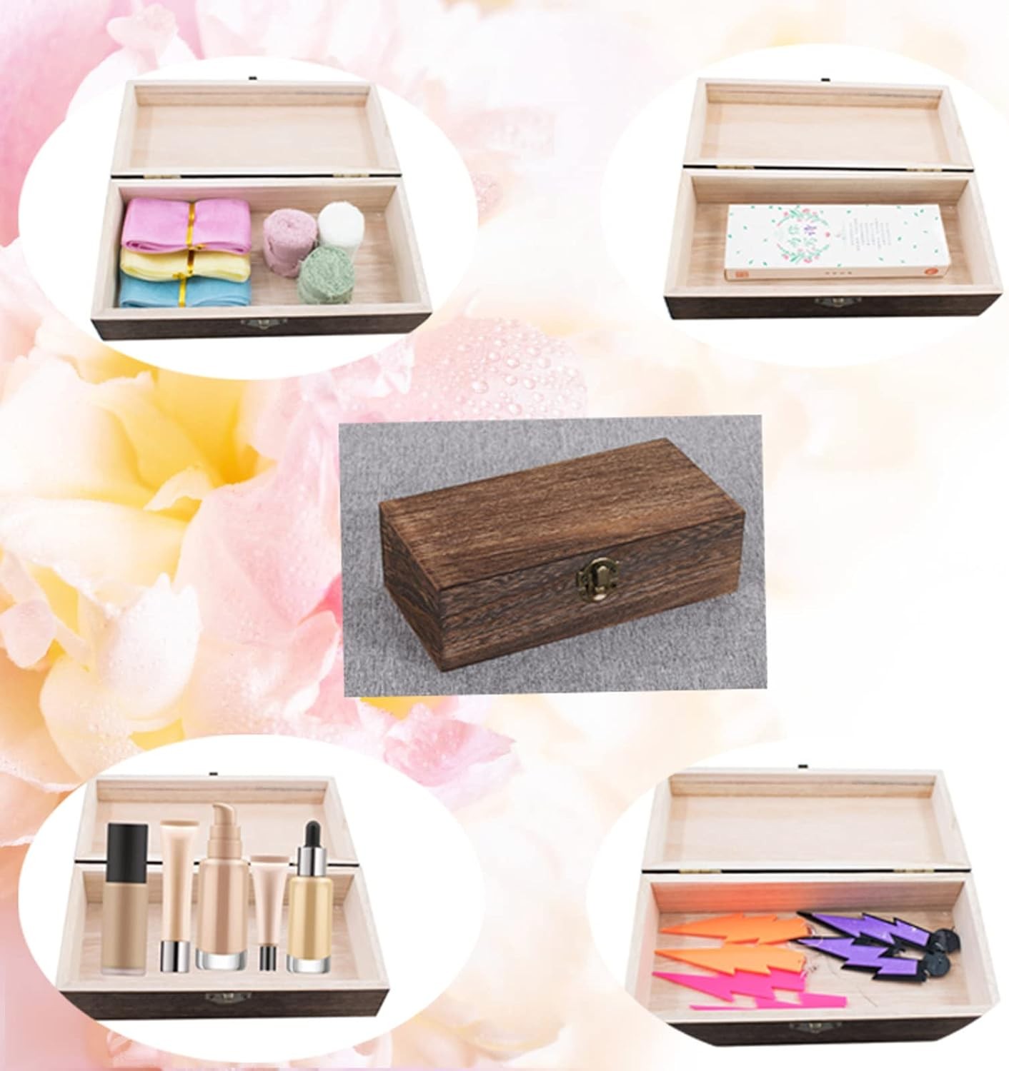 Wood Storage Box with Lid Solid Decorative Organizer Rectangular Toys Cosmetics
