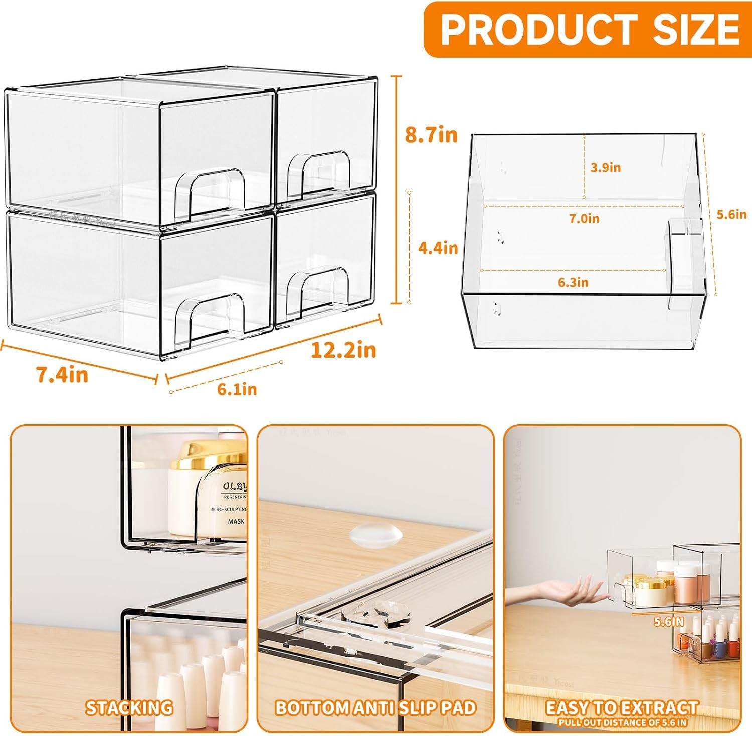 4 Pack Clear Stackable Storage Drawers 4.4 » Tall Acrylic Drawer Containers for
