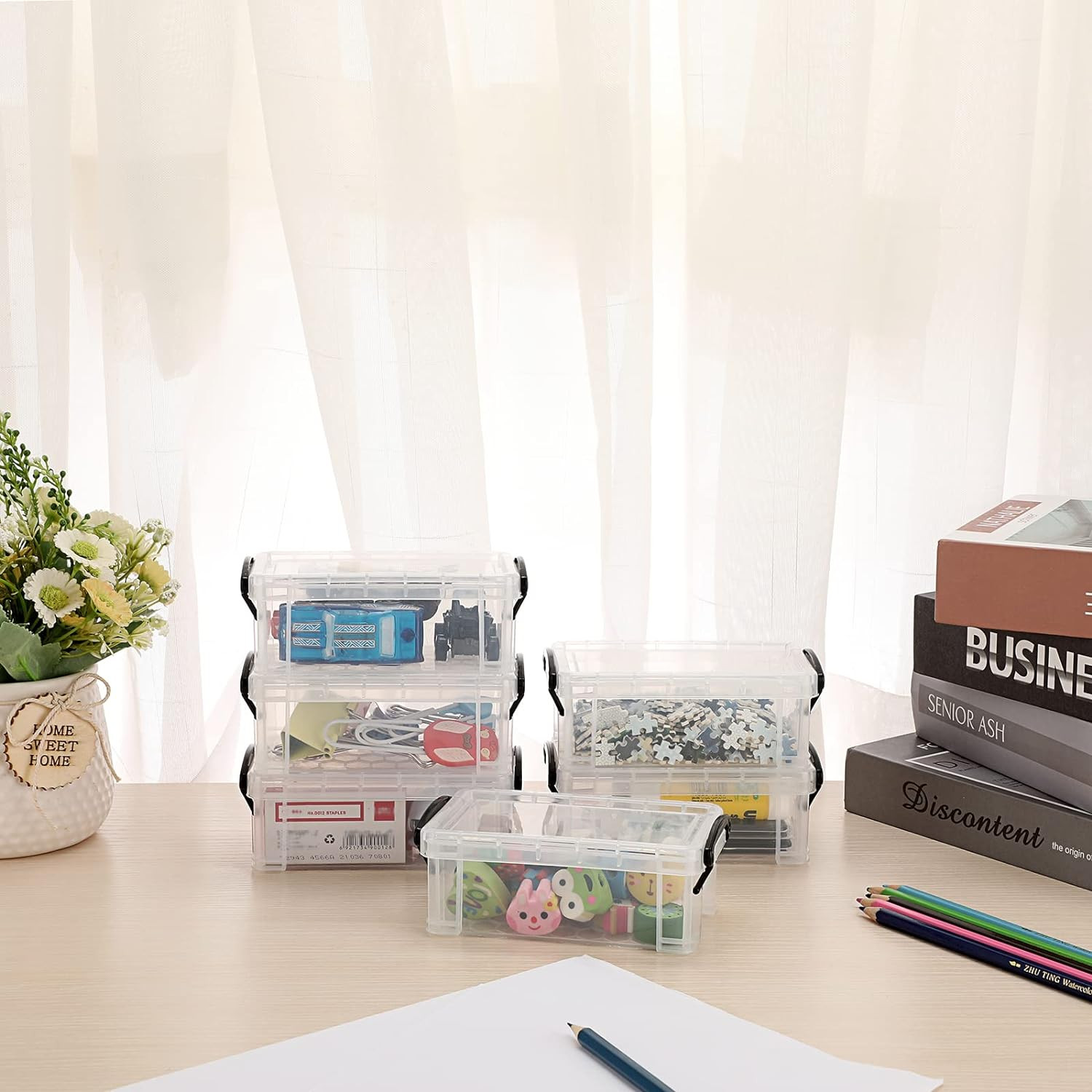 6 Pack Small Clear Plastic Storage Box with Lid Mini Sewing Box Organizer with B