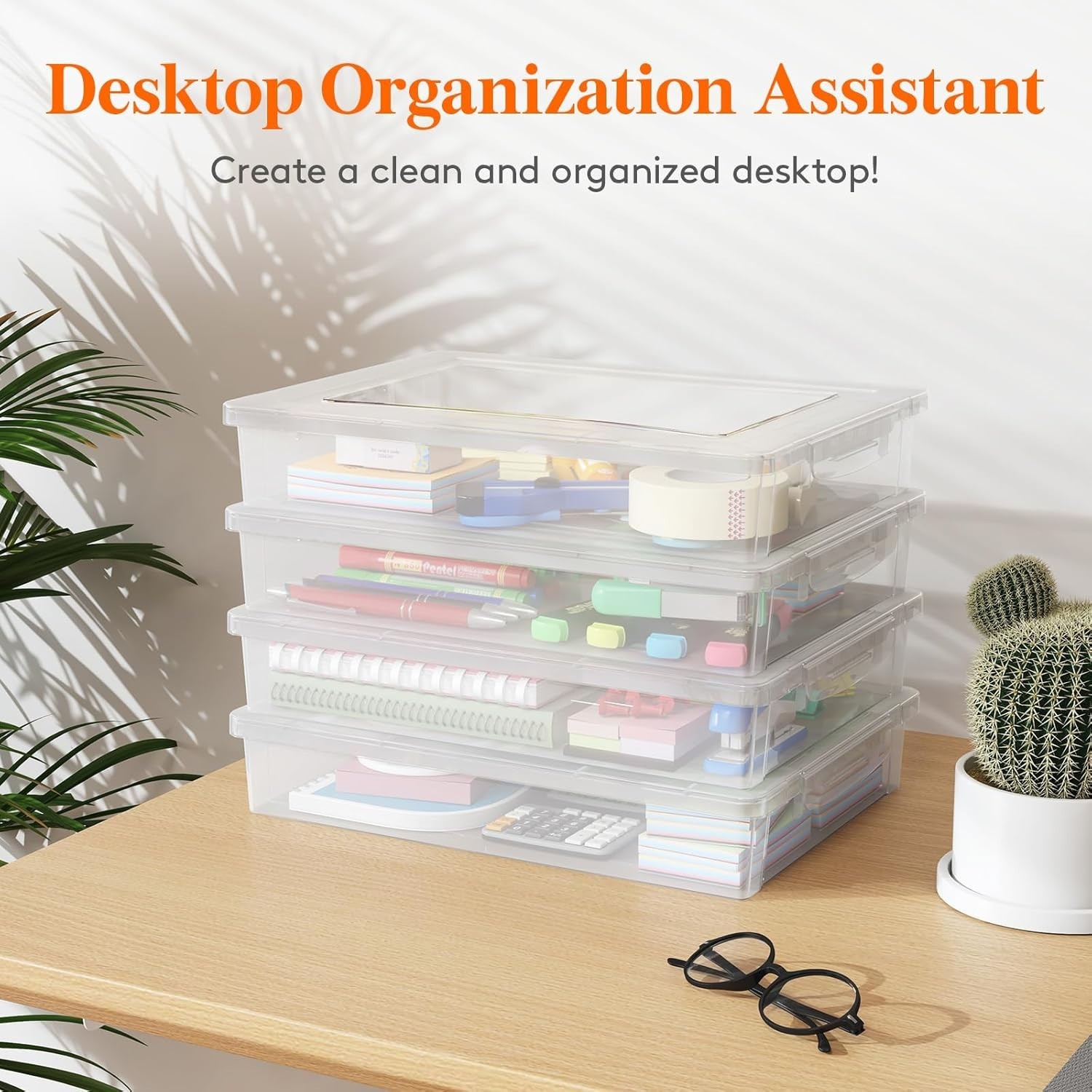 8 Pack Plastic Multi-Purpose Storage Box W/ Latching Lids Clear A4 Paper Storage
