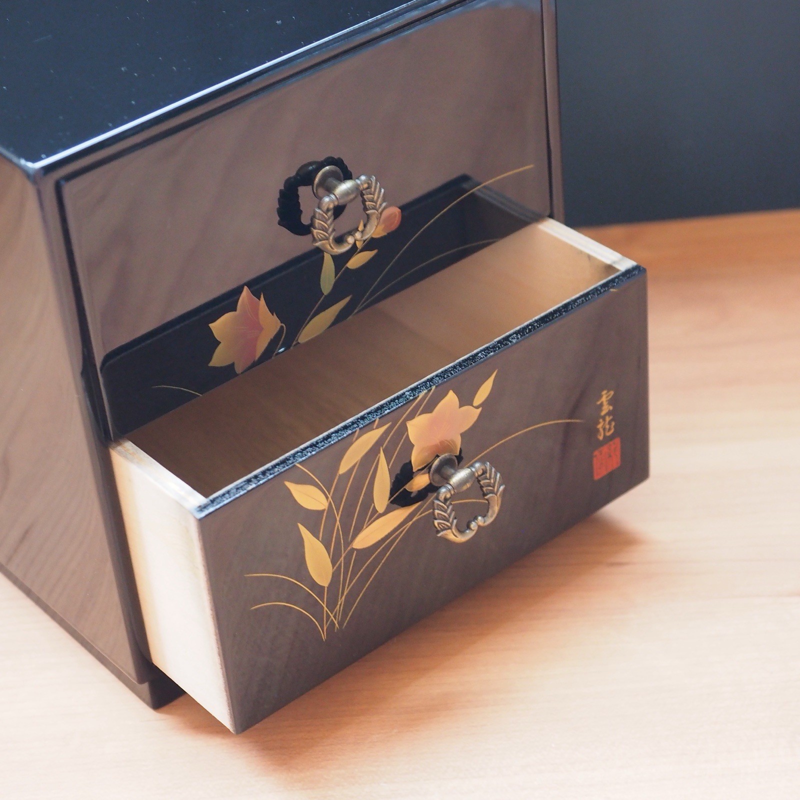 Japanese Shikkou Lacquer Mini Chest Tansu Drawer Gold Flower Floral Jewelry Case