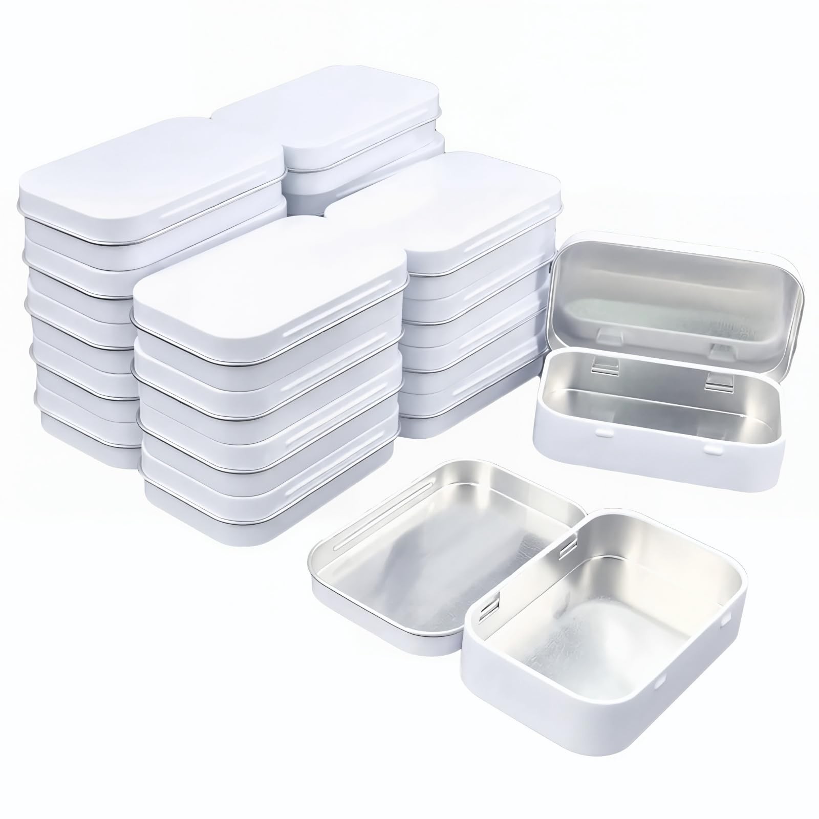 Rectangular Metal Hinged Tins Storage Organizer Case White 3.75×2.45×0.8 20 PCS