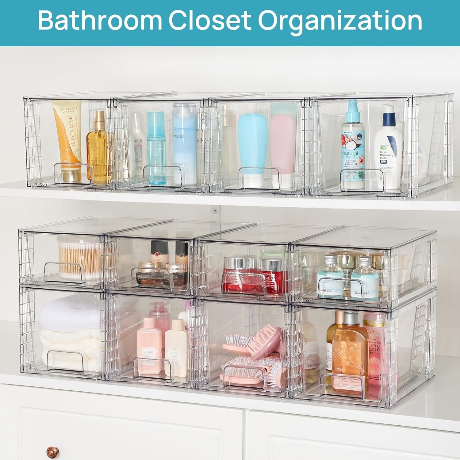4 Pack Large Stackable Storage Drawers,Easily Assemble Acrylic Bathroom Close…