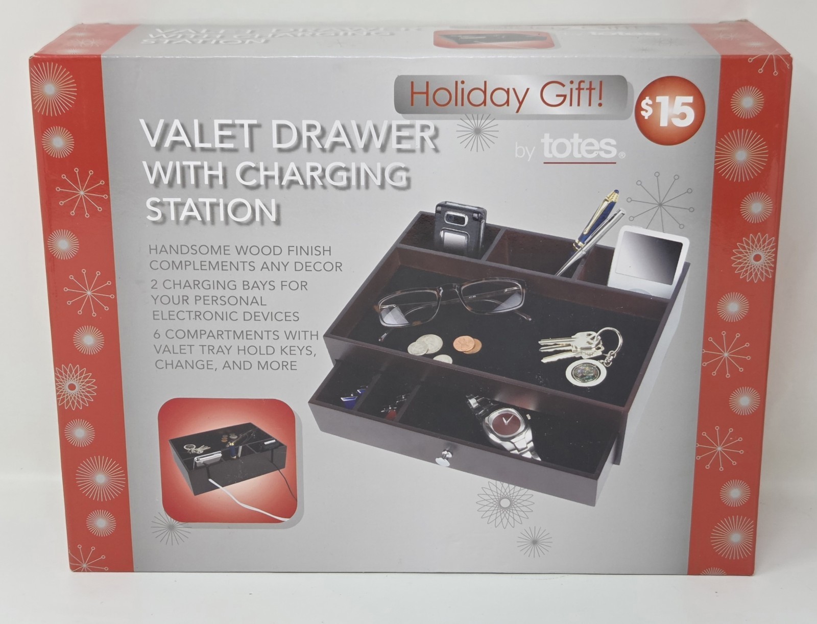 New Totes Holiday Gift Valet Drawer w/ Charging Station