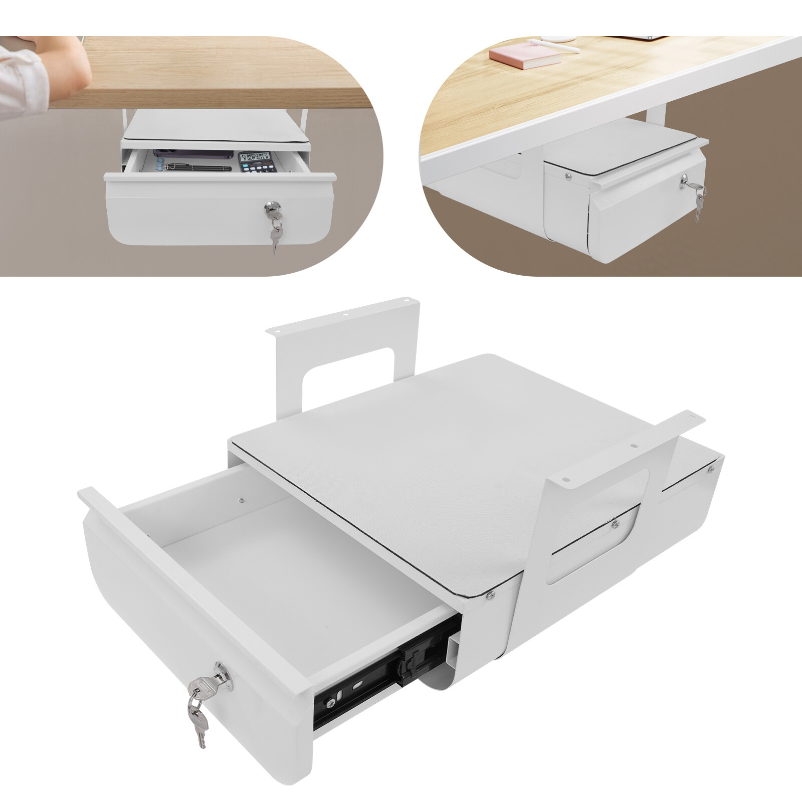 13” Under Desk Pull-Out Drawer Lockable Sliding Storage Drawer White With Lock