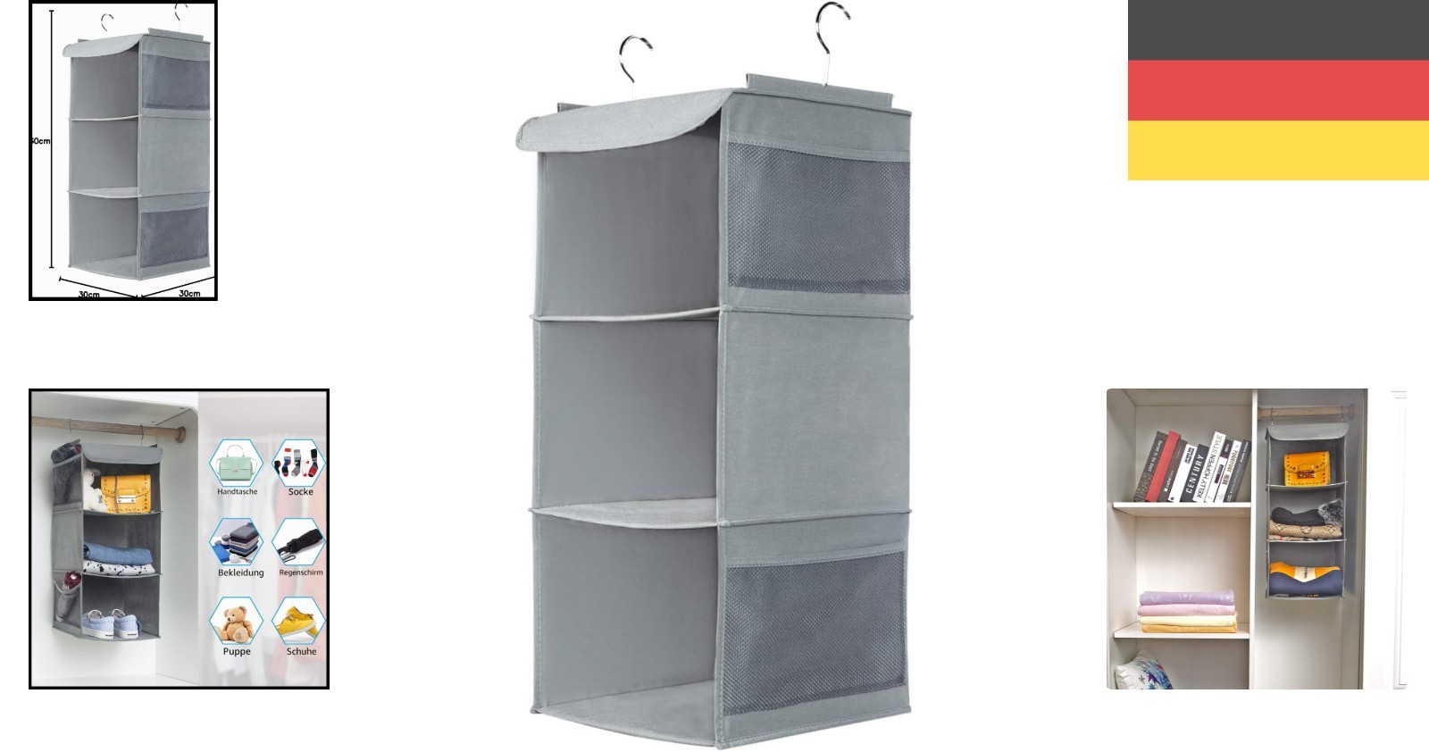 Hanging shelf, grey, 3 compartments, practical wardrobe organizer with…