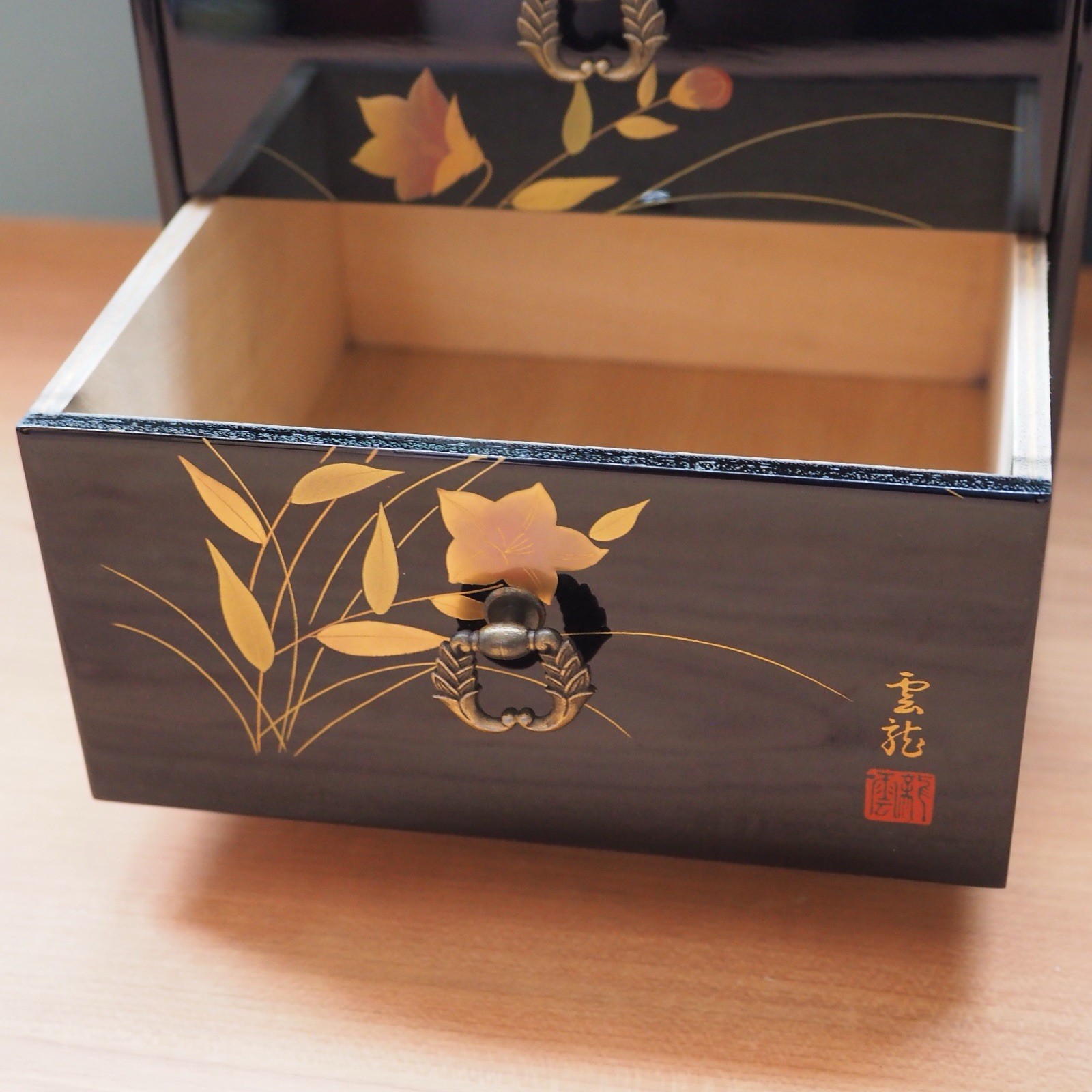 Japanese Shikkou Lacquer Mini Chest Tansu Drawer Gold Flower Floral Jewelry Case