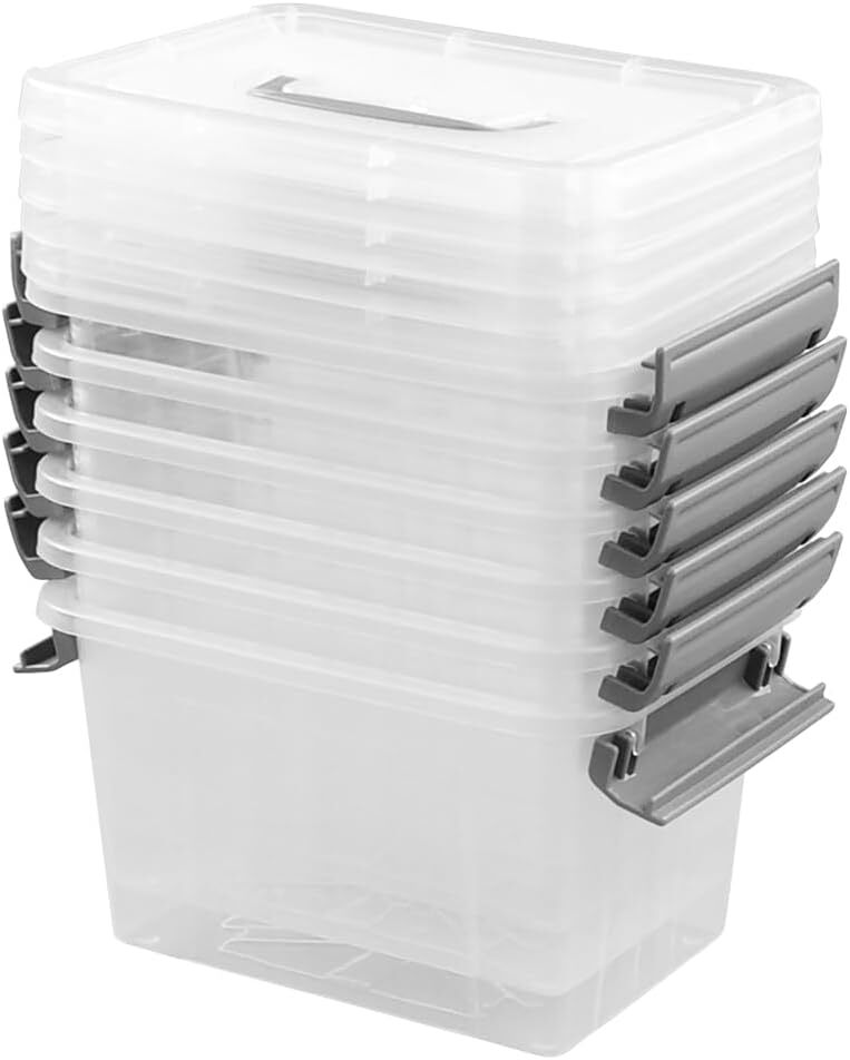 Set of 6 Plastic Storage Containers, Small Latching Box Grey handle