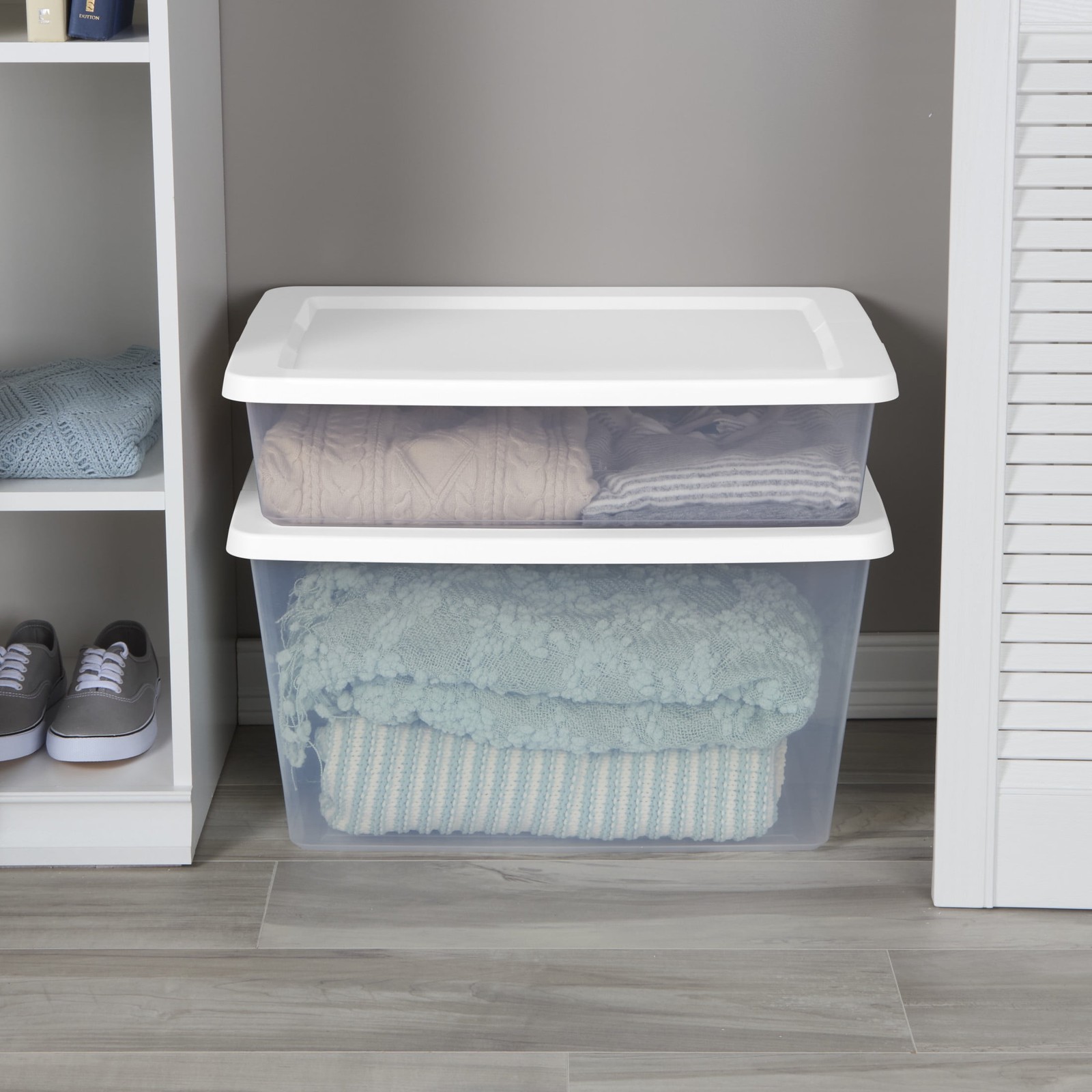 Sterilite, 58 Quart Clear Storage Bin,Snap-on Lid Storage Container,with White