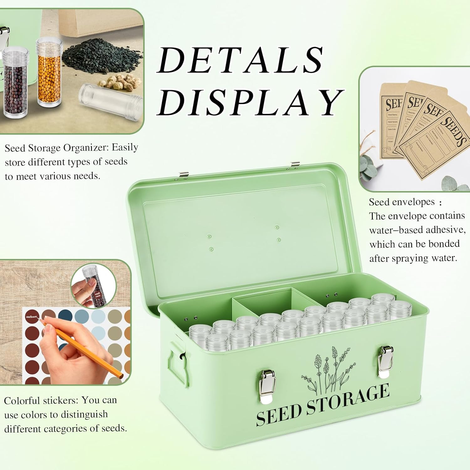 60 Slots Seed Storage Box with 4 Dividers, Metal Seed Storage Organizer Saving B
