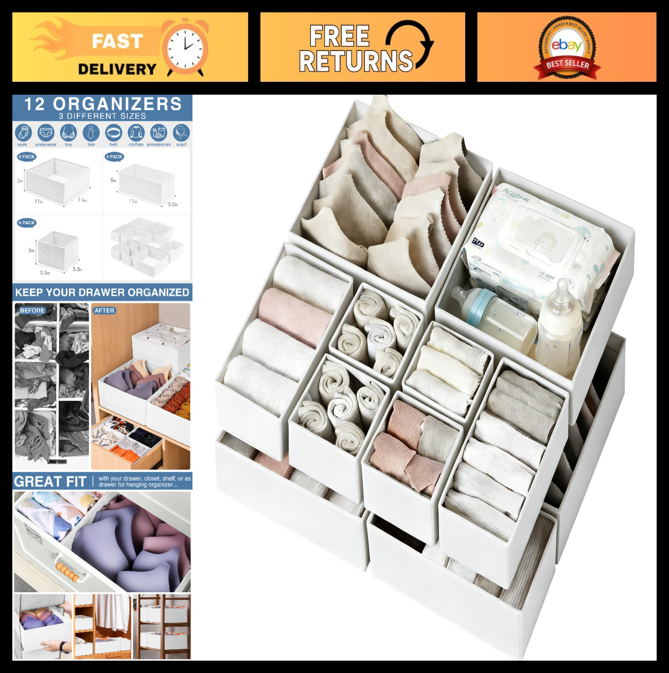 12 Pack Drawer Organizer – Fabric Closet Storage for Baby Clothes, Socks & More
