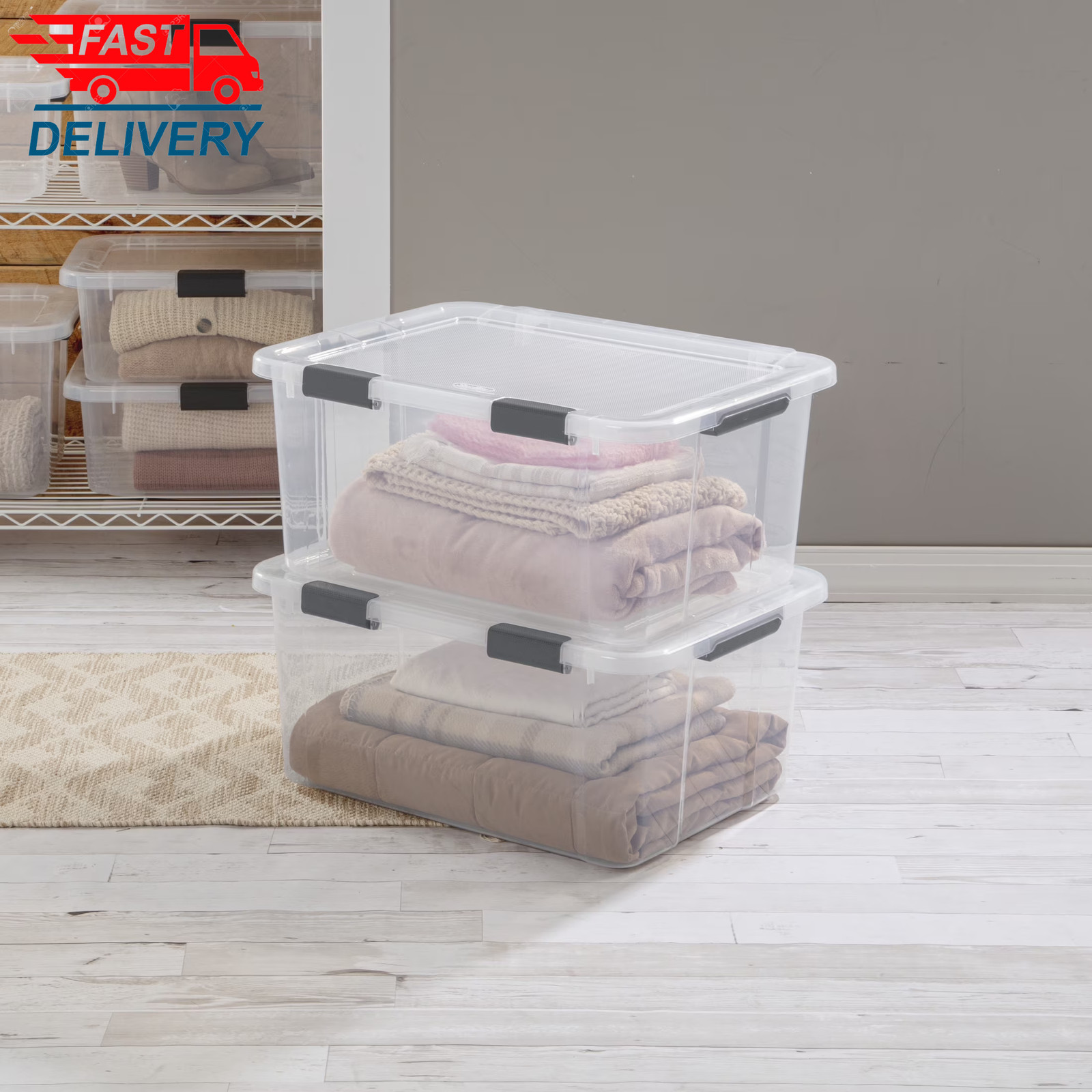 60 Quart Hingelid Clear Storage Bin with Latch Lid, Dark Gray, 6 Pack 💪👌