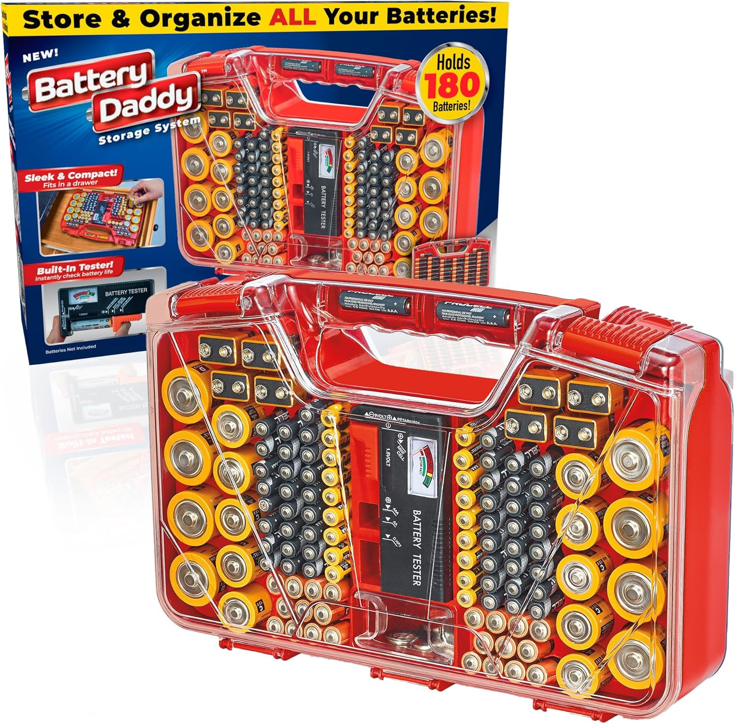 Battery Daddy Storage & Organizer Case W/Tester, Stores & Protects up to 180 Bat