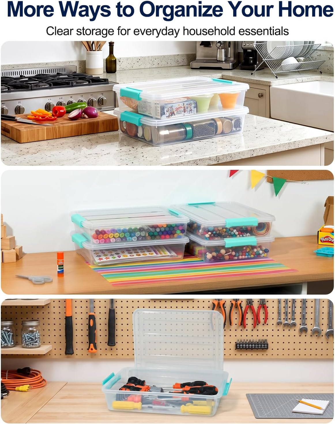 4 Pack Clear Storage Bins with Lids, A4 File Boxes, Green Latches | Craft Storag