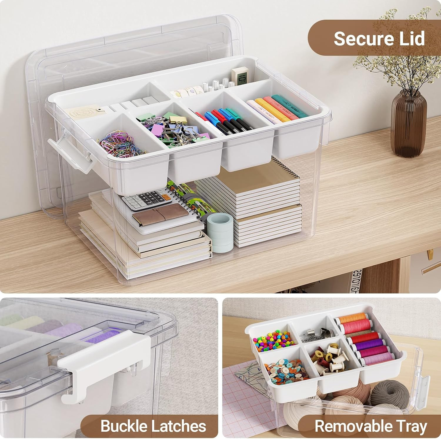 40Qt Stackable Storage Bin with Lid Tray Craft Box Organizer, 1Pack,Wh | Clear P