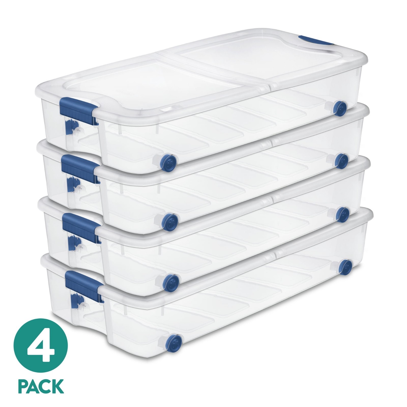 4 Pack 66 Quart Wheeled Underbed Storage Bin Clear w Latching Lid