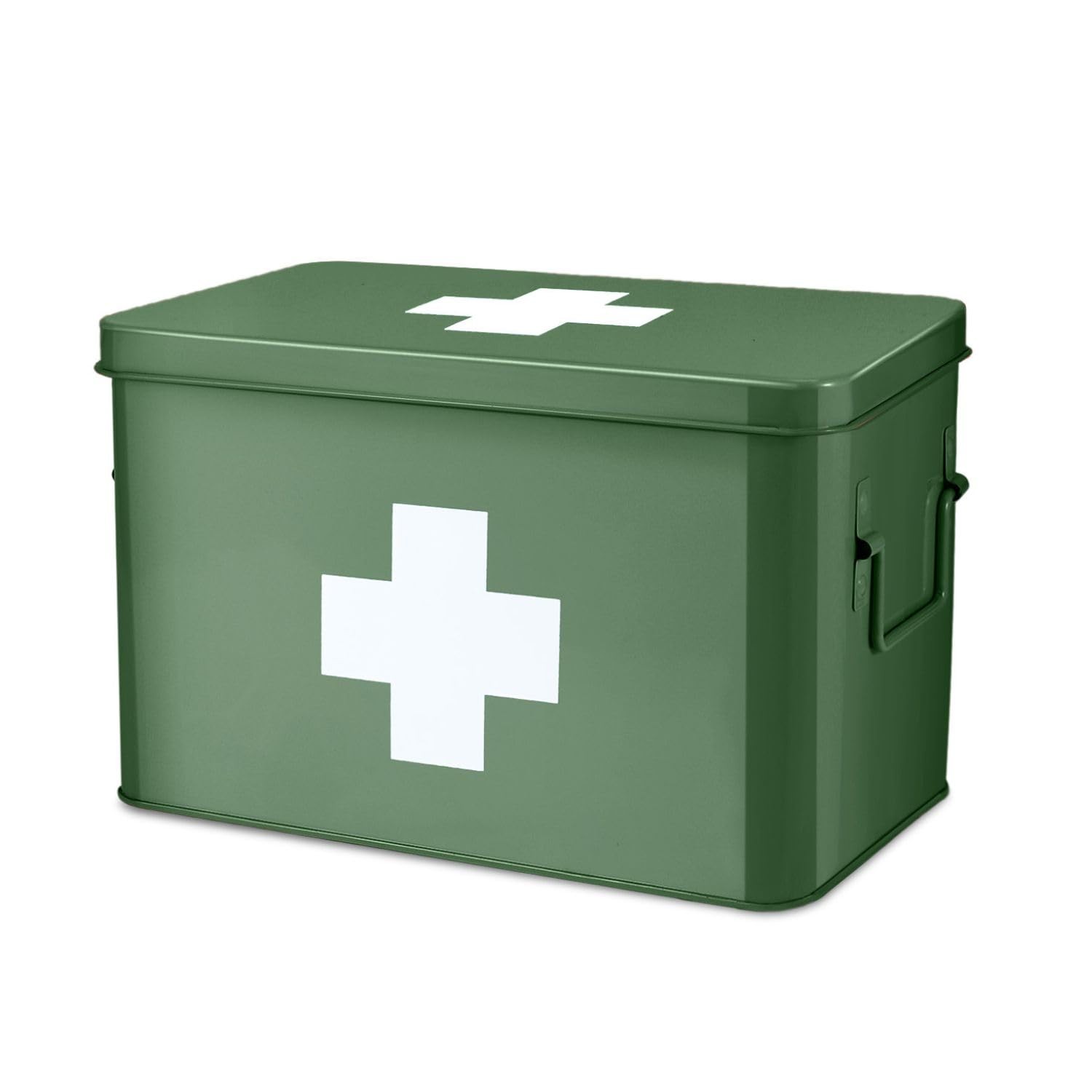 Flexzion Large Metal First Aid Box Empty, 13 Inch without Latch Lock, Green