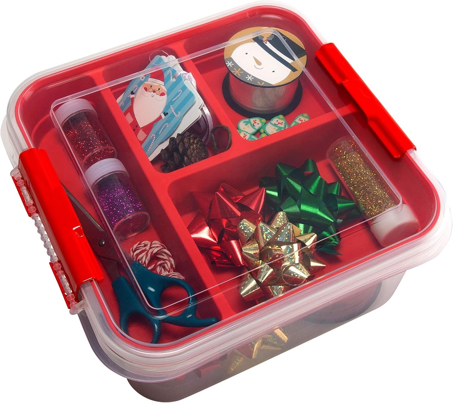 5 Compartment Gift Supply Storage Box | 2 Tier Box | Red | Clear Top Lid | Di…