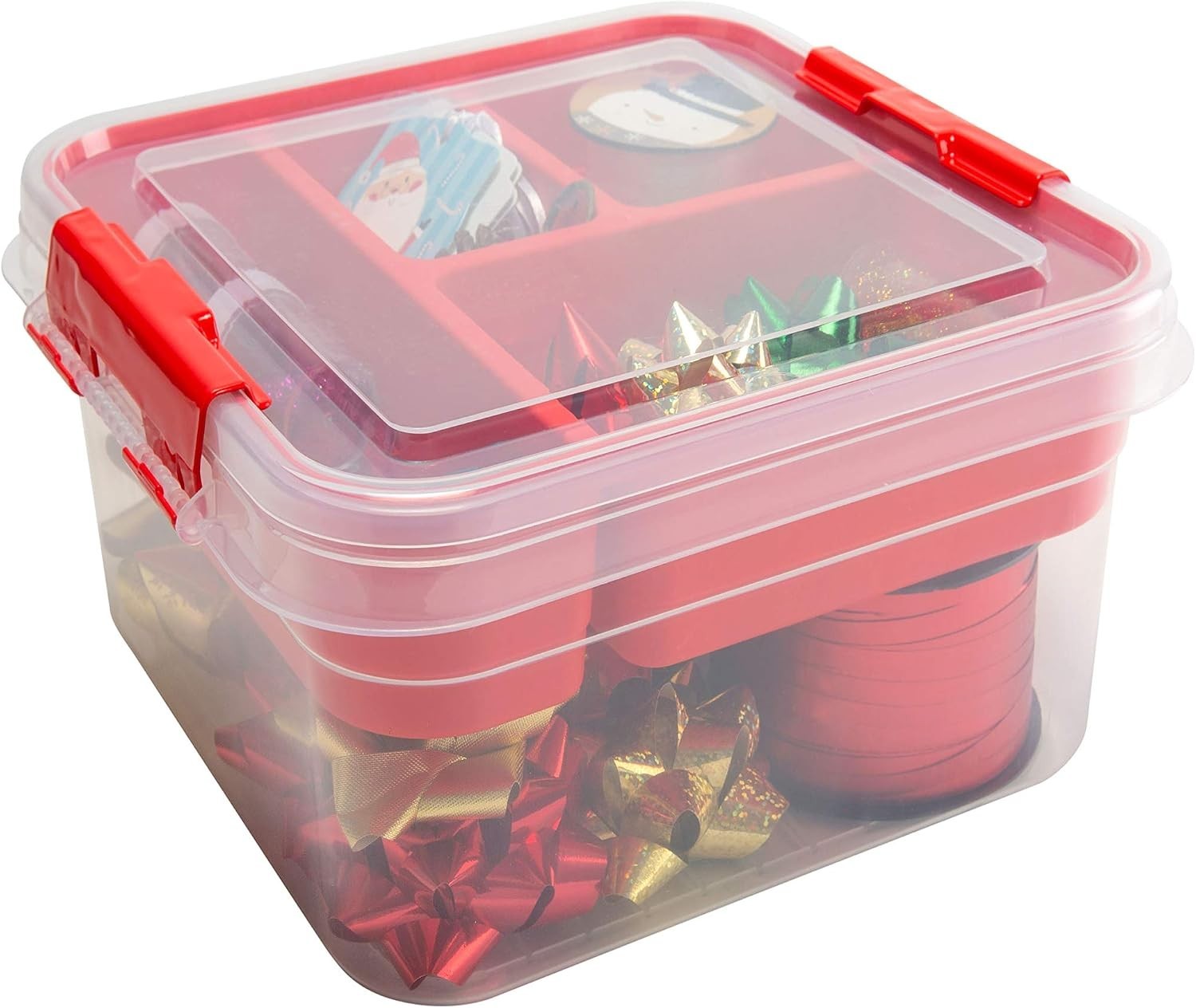 5 Compartment Gift Supply Storage Box | 2 Tier Box | Red | Clear Top Lid | Di…