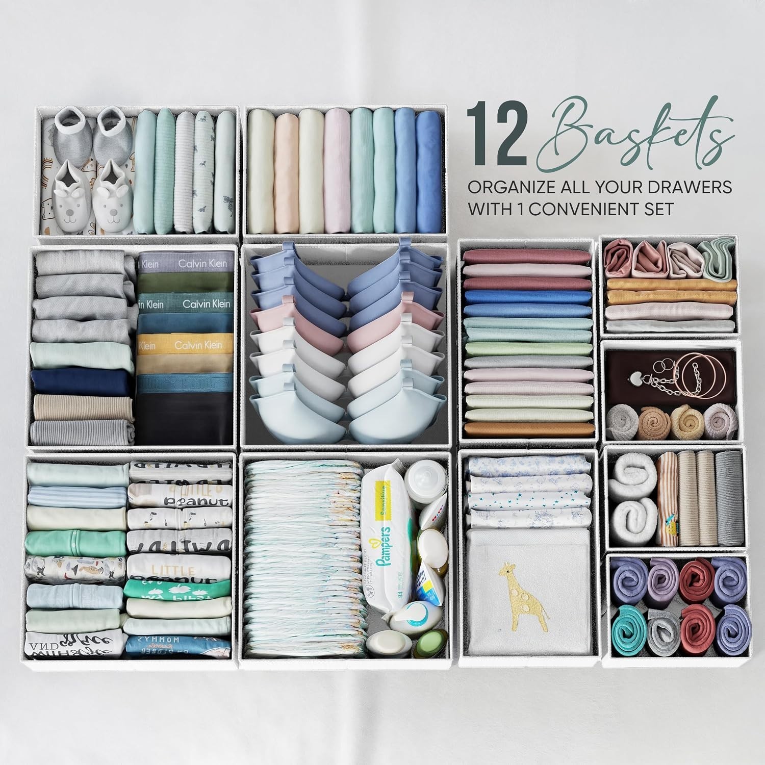 Durable 12-Count Drawer Organizer Set – Ideal for Baby Clothes & General Storage
