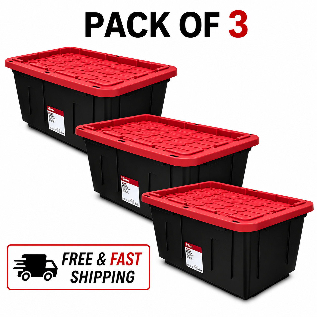 Hyper Tough 27 Gallon Heavy Duty Storage Bin Snap Lid Black Red Pack of 3