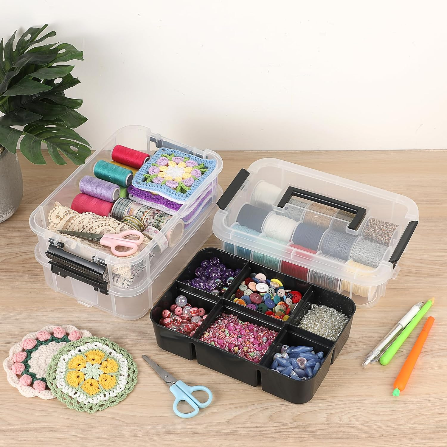 Stackable 3-Tier Plastic Storage Bins with Lids – 2 Pack Craft Organizers