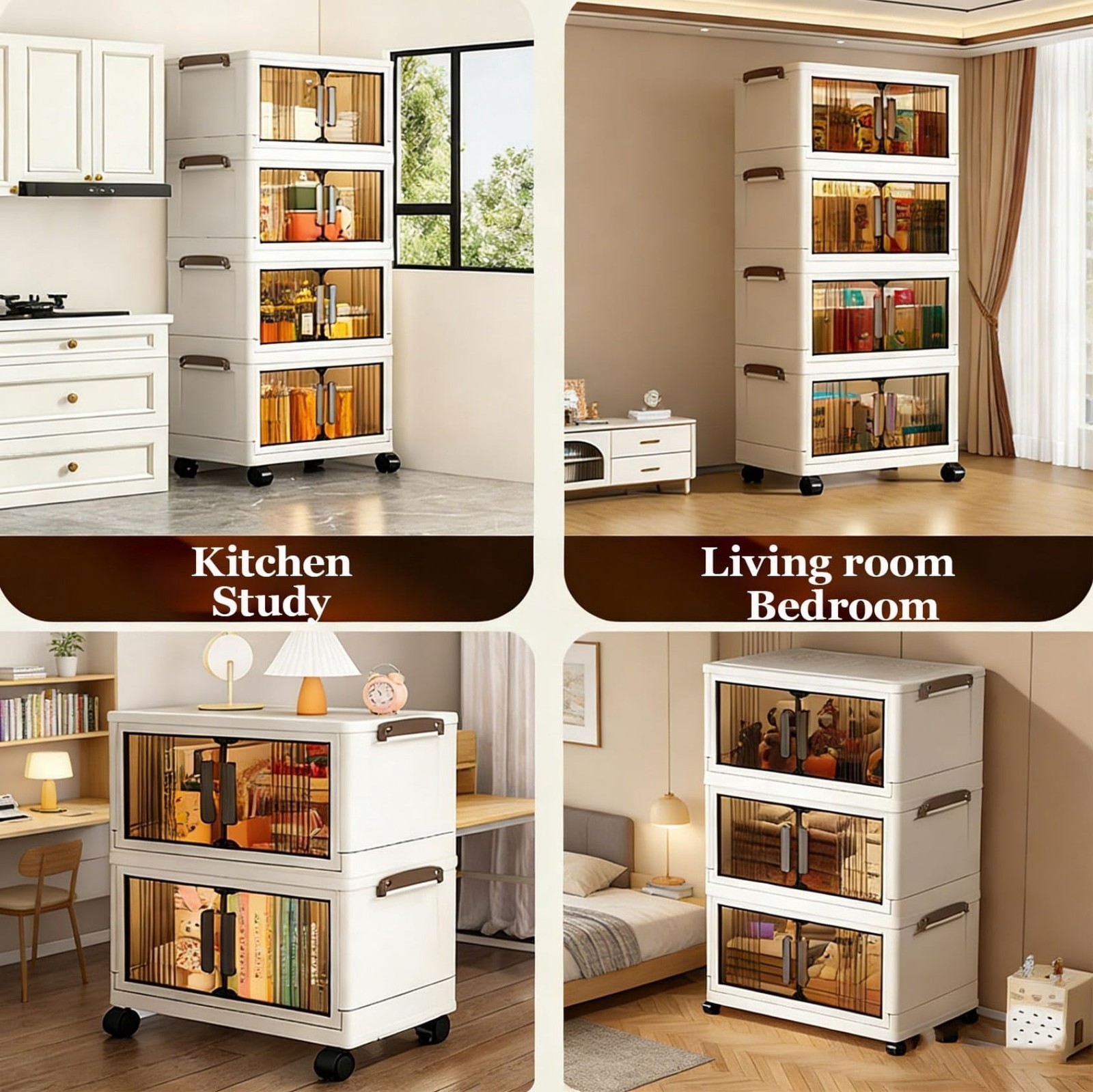 Stackable Storage Cabinet, 28&Prime; H, White, 3-Tier, Doors, Wheels