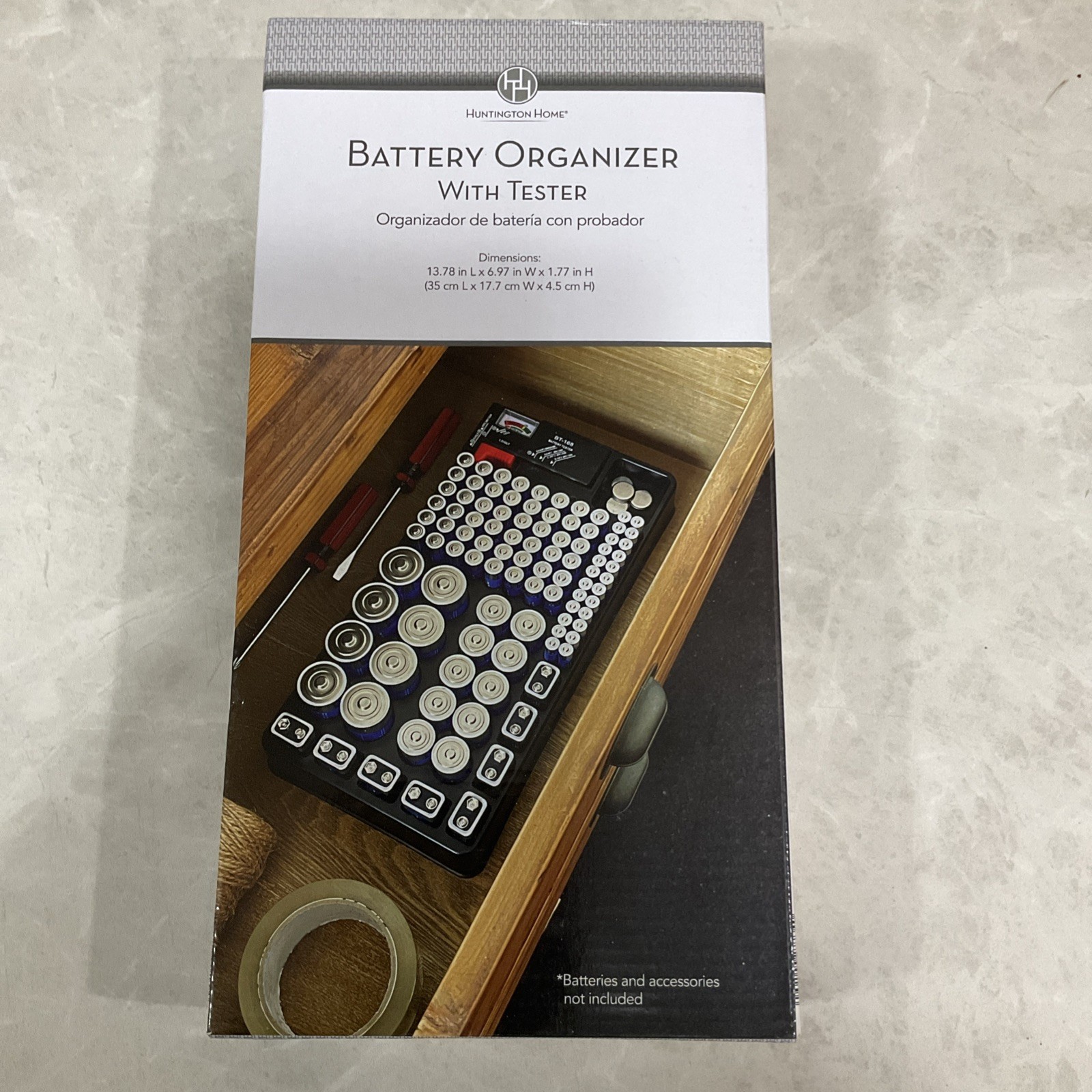 Huntington Home Battery Organizer With Tester Holds 98 Batteries NEW IN BOX