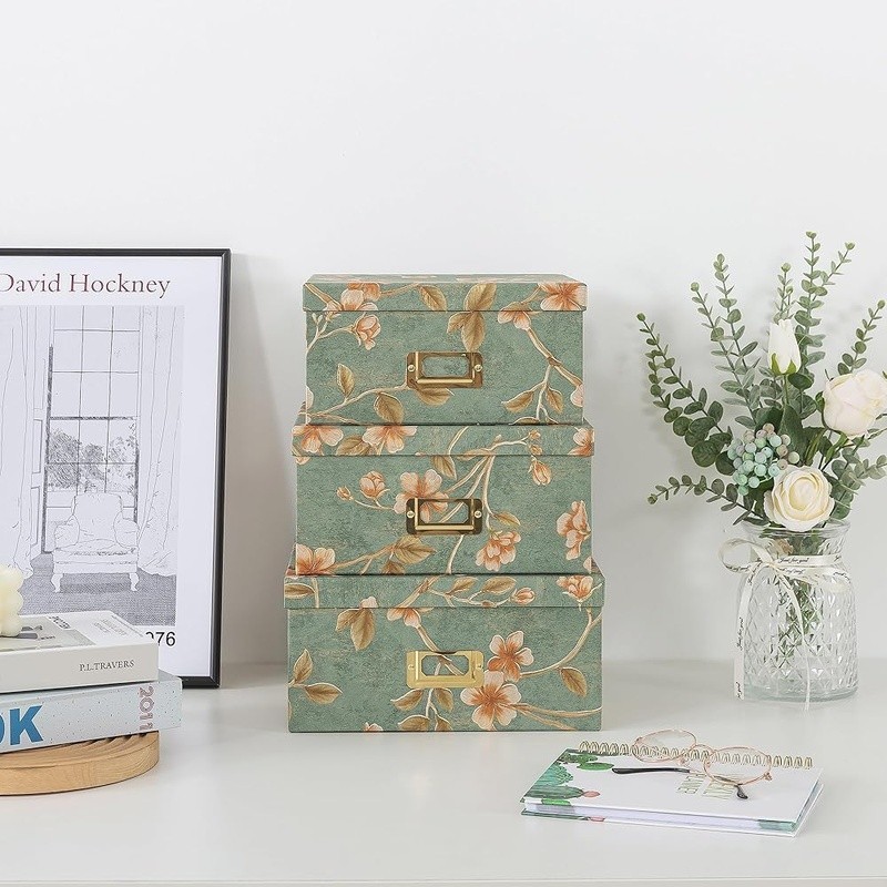 Stackable Decorative Storage Boxes Vintage Floral Design Keepsake Organizers New