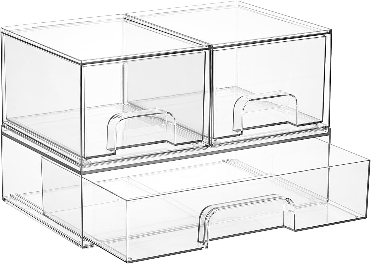 Stackable Storage Drawers 3 Count Clear Plastic Organizers for Beauty Supplies