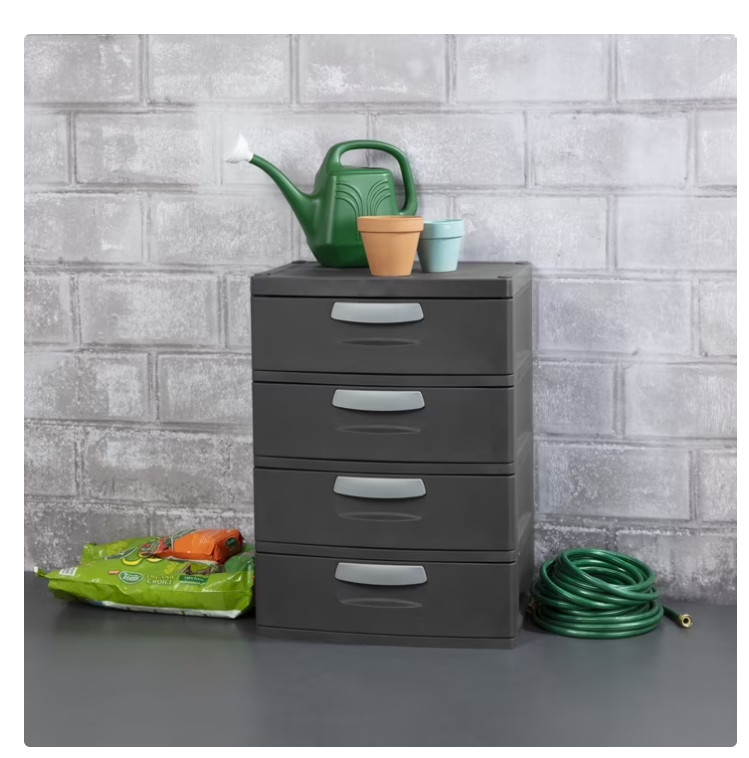 Sterilite 4 Drawer Unit Durable Plastic Storage Chest Garage Basement Dark Gray