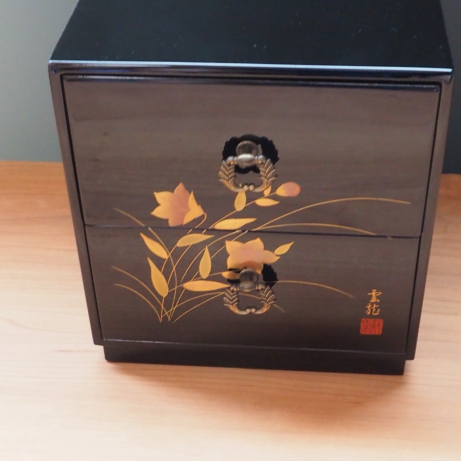 Japanese Shikkou Lacquer Mini Chest Tansu Drawer Gold Flower Floral Jewelry Case