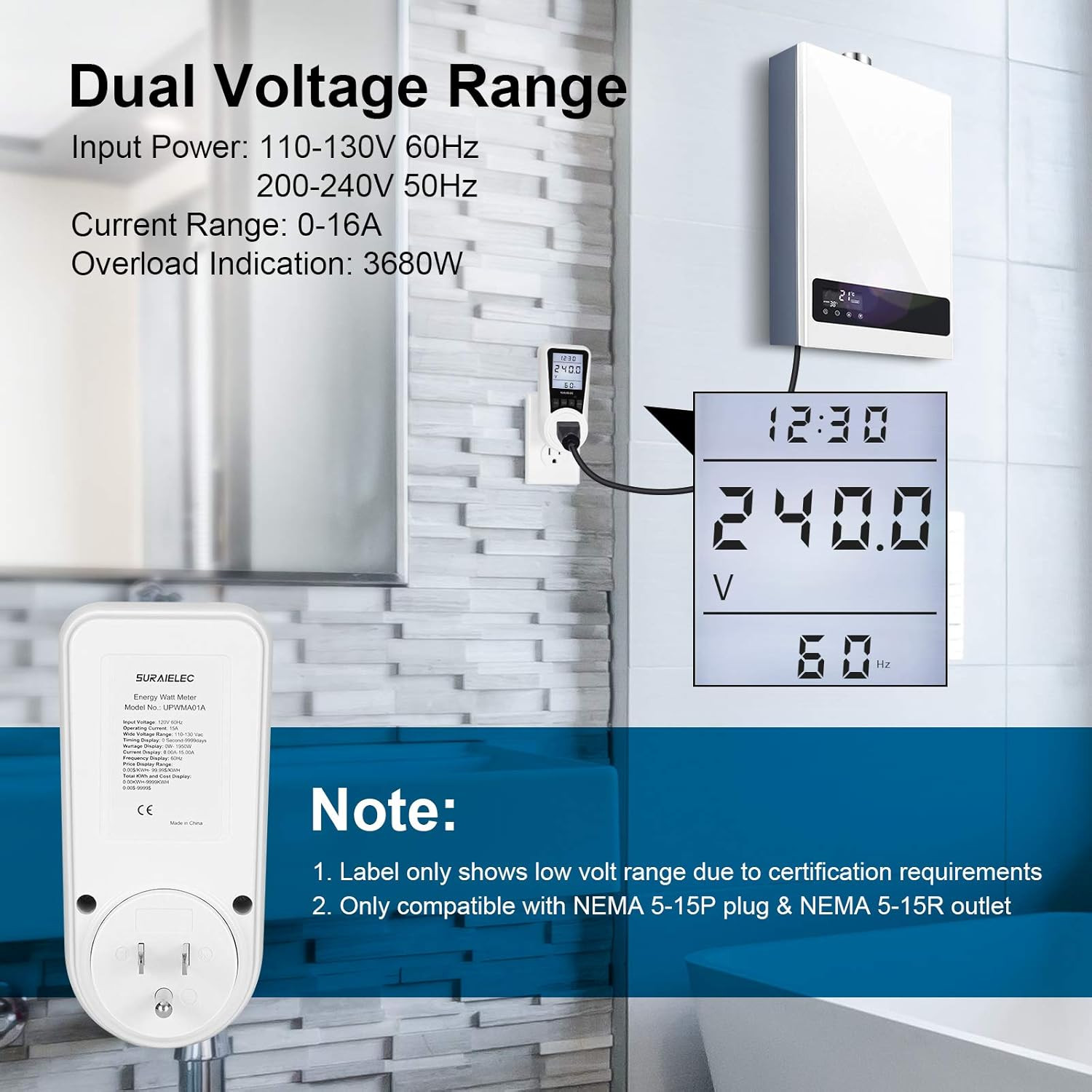 Watt Meter, Plug-In Socket Power Meter, Auto Cost Calculator, Backlit Large Disp