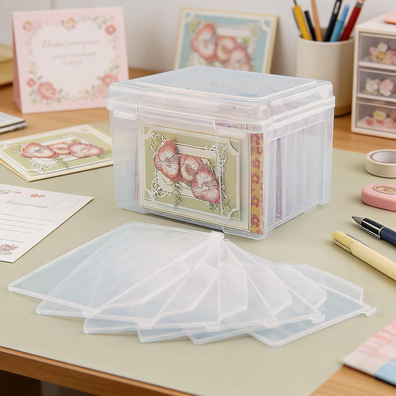 Greeting Card Storage & Organizer Box with 6 Removable Dividers for Holiday B…