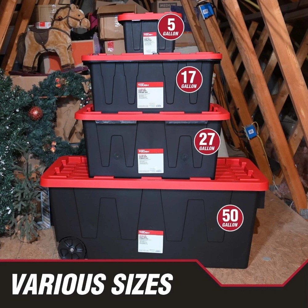 27 Gallon Large Storage Bin with Snap Lid, Black and Red, Heavy Duty Plastic