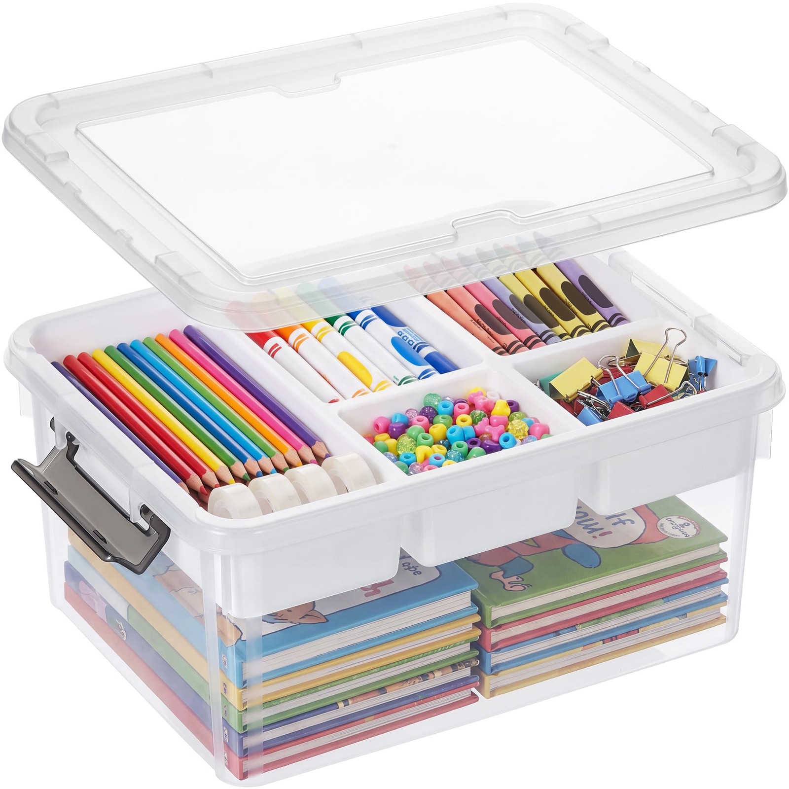 17 QT Clear Stackable Craft Storage with 1 Removable Fixed-Compartment Tray, …