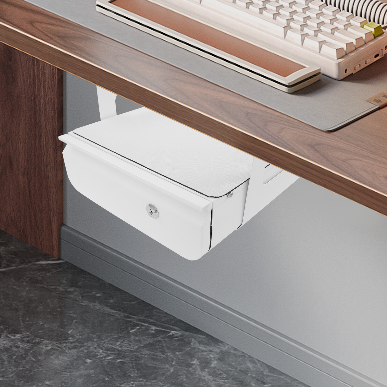 13” Under Desk Pull-Out Drawer Lockable Sliding Storage Drawer White With Lock