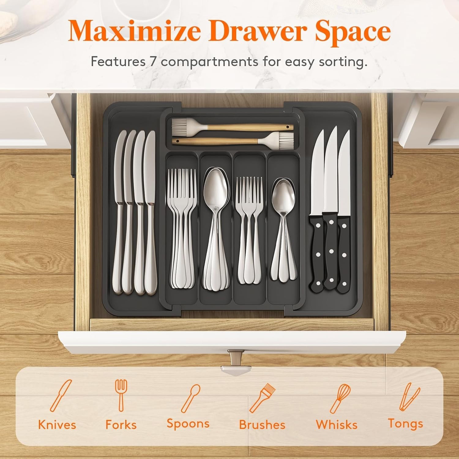 Adjustable Silverware Drawer Organizer – Elegant Black, 8.9-14.7 x 12.2 Inches