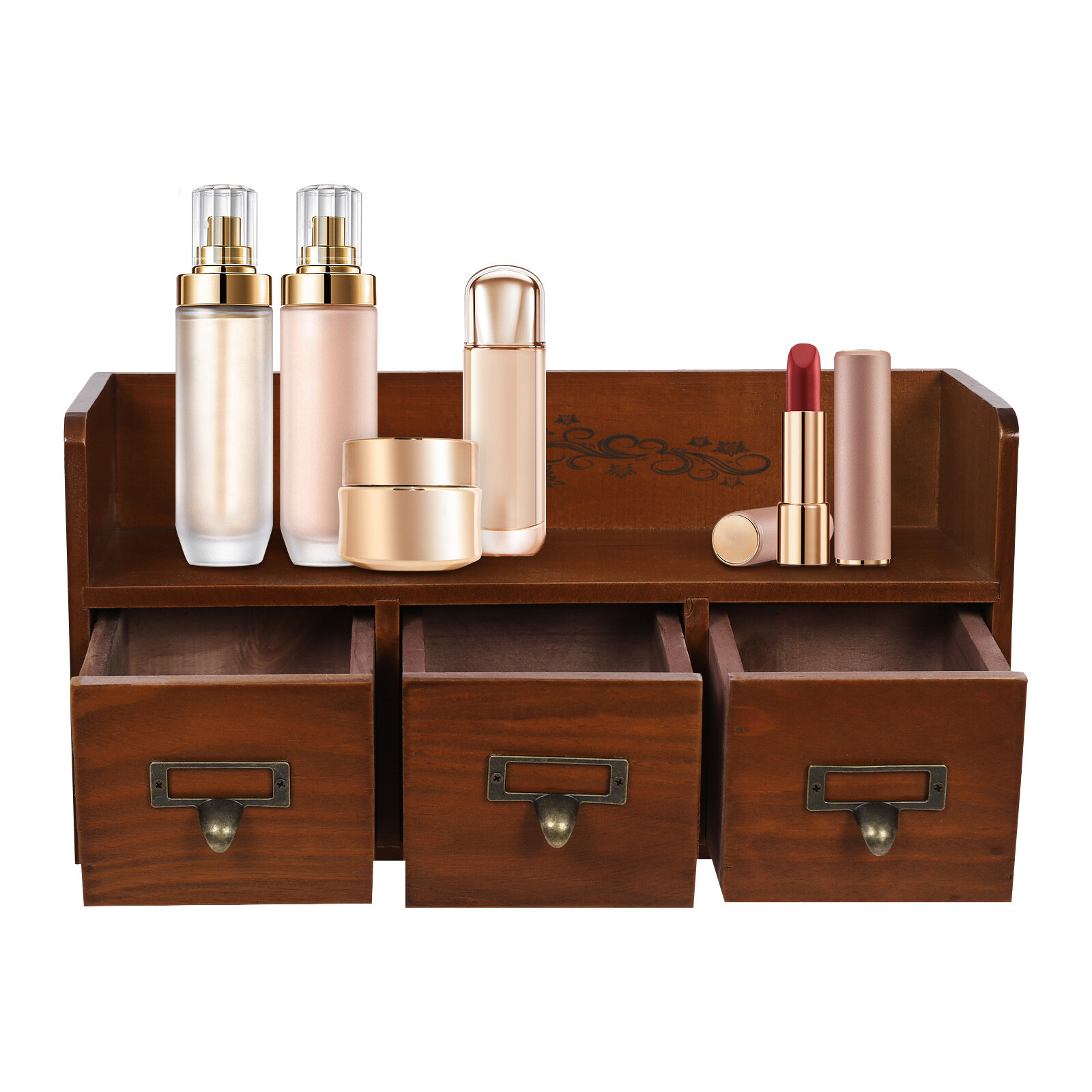 Vintage 3-Drawer Pine Wood Desktop Organizer for Cosmetics and Jewelry
