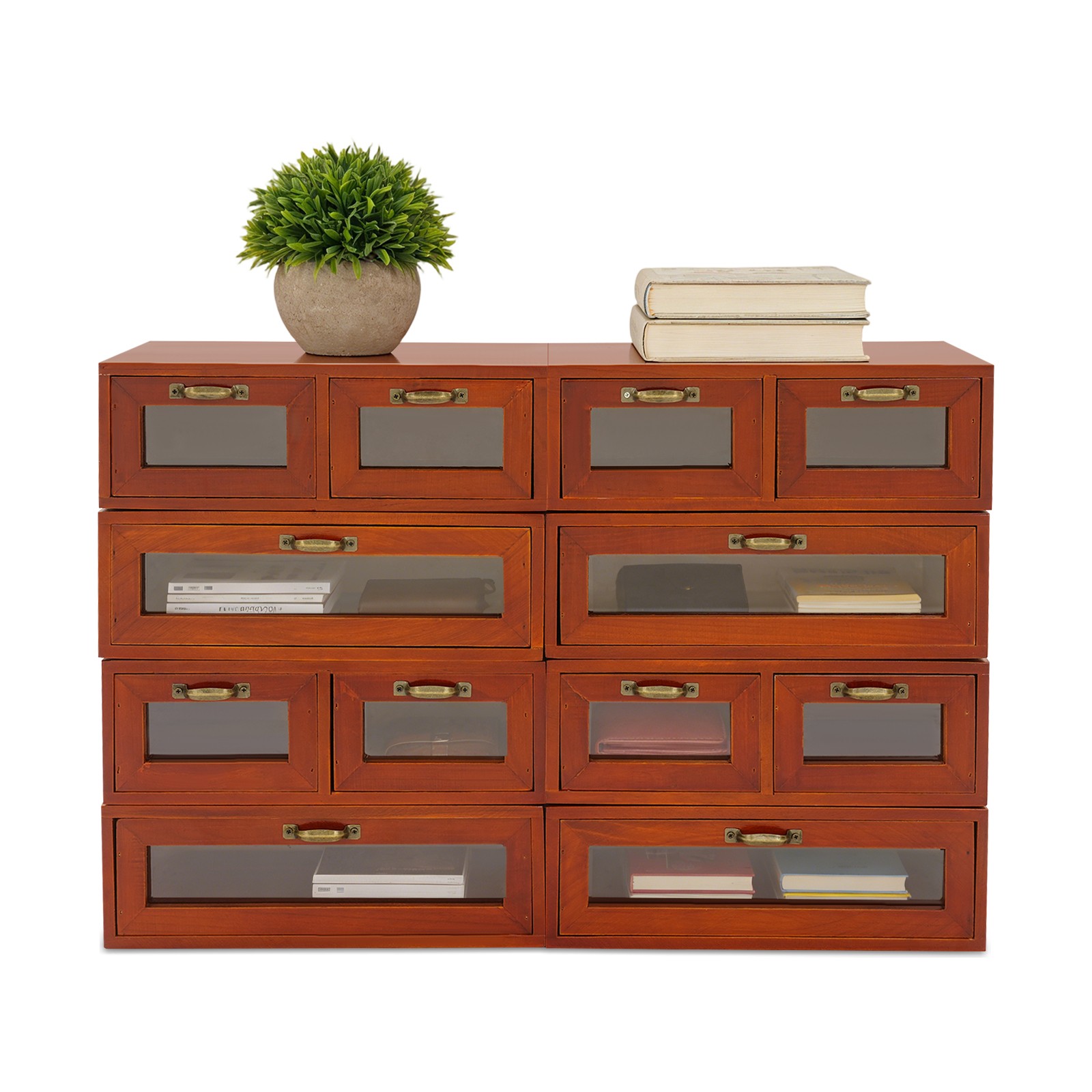 Vintage Wood Stackable Storage Box, Multi-Drawer Desktop Organizer W/ Handles