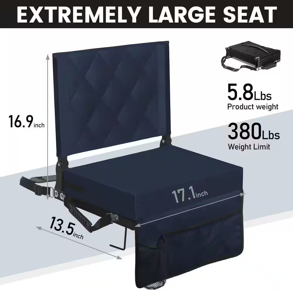 Black Padded Folding Stadium Chair with Back Support and Shoulder Strap, Comfort