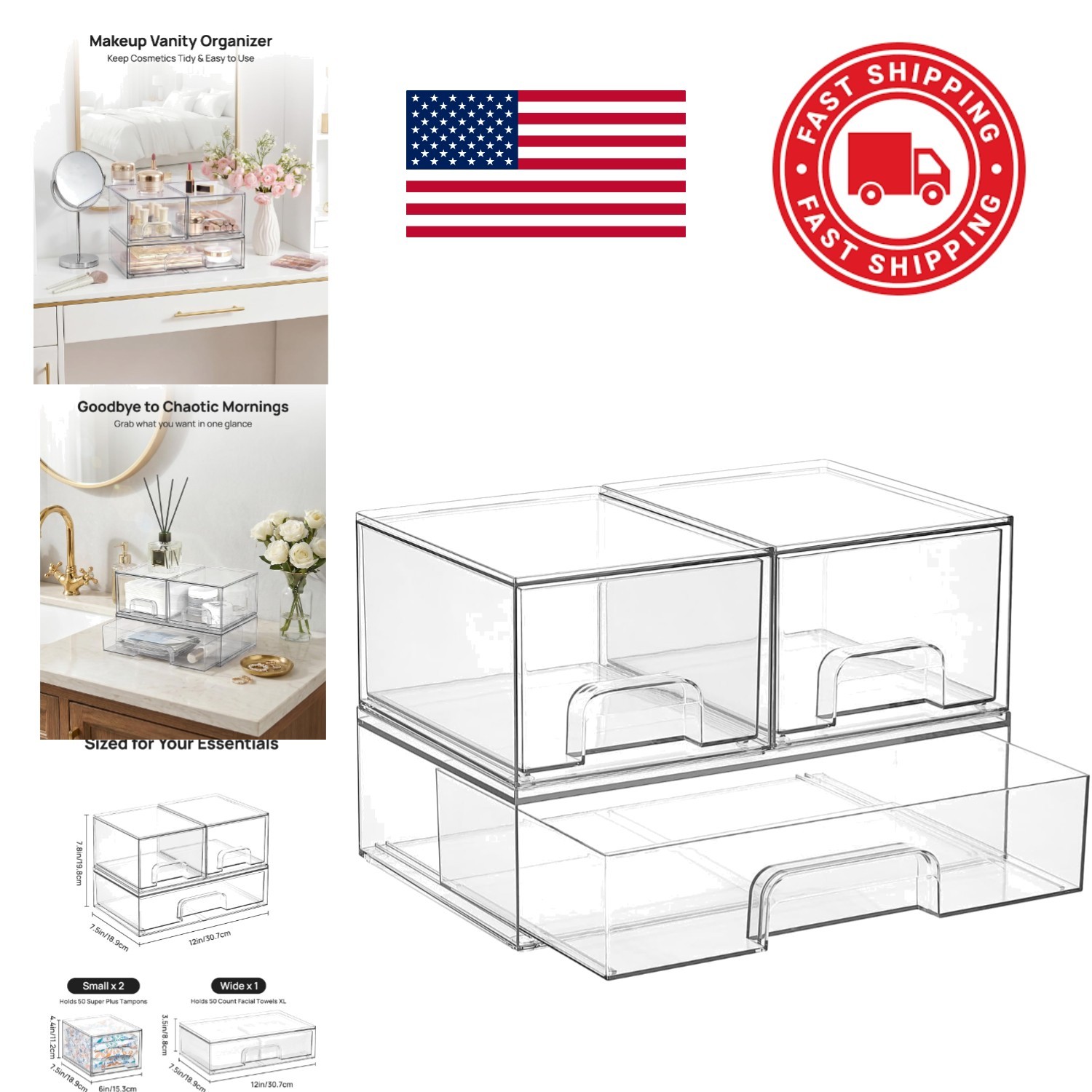 Stackable Storage Drawers 3 Count Clear Plastic Organizers for Beauty Supplies