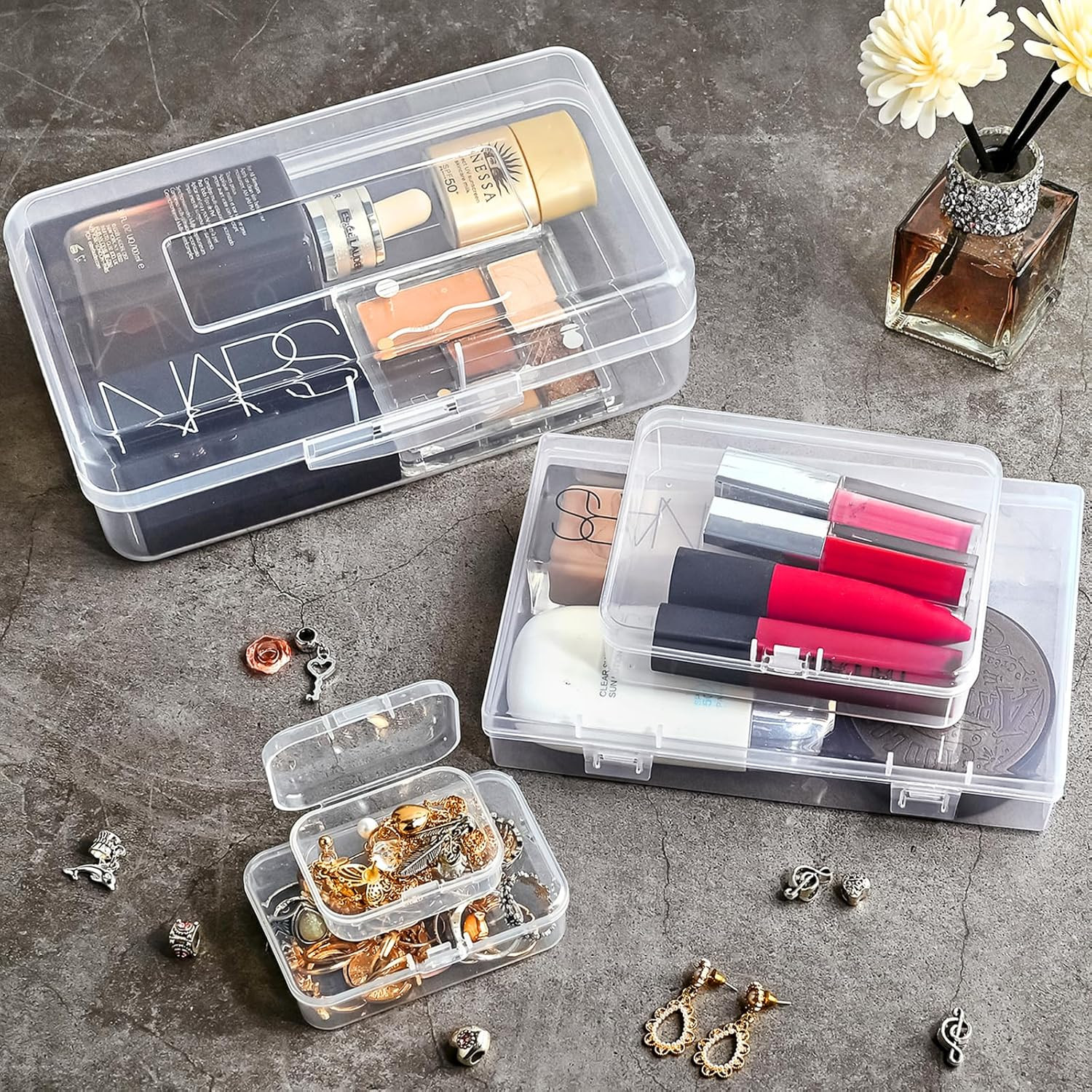 28 Pack Mixed Sizes Rectangular Mini Plastic Containers Clear Plastic Storage Bo