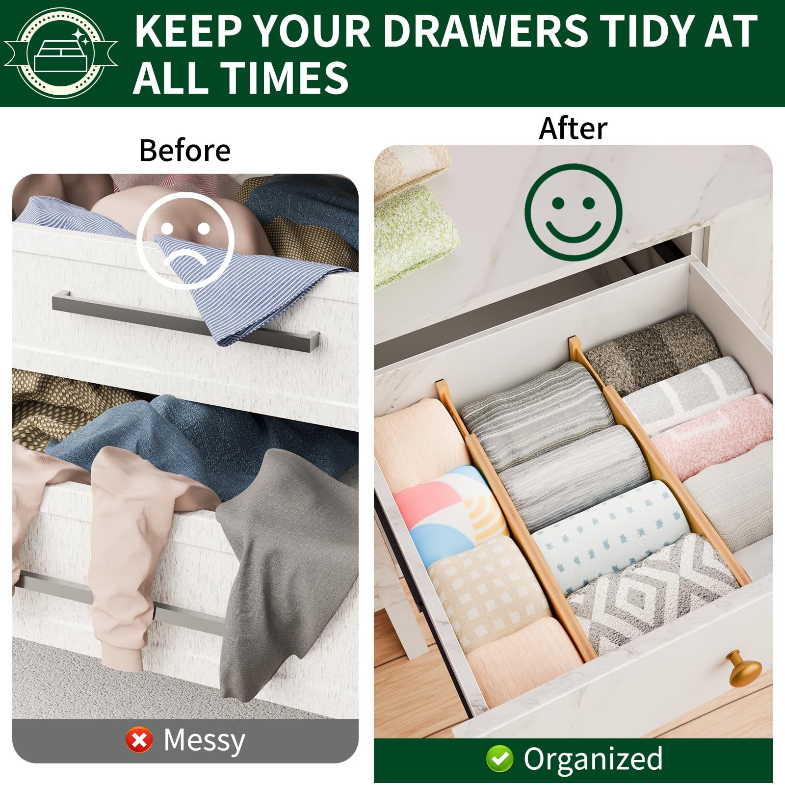Drawer Dividers 2.6&Prime; High,17&Prime;-20&Prime; Adjustable Spring Loaded Clothes Drawer Org…